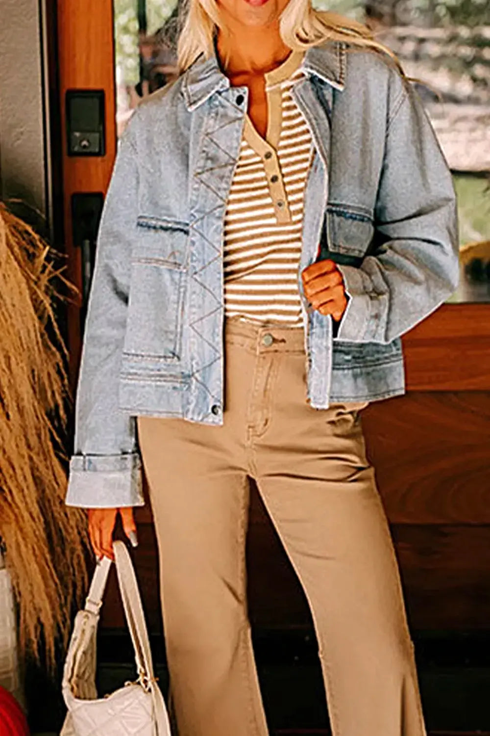 Zip Up Drop Shoulder Denim Jacket -