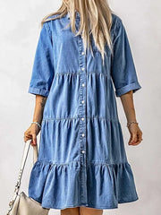 Full Size Ruffled Hem Button Up Denim Midi Dress Plus Size -