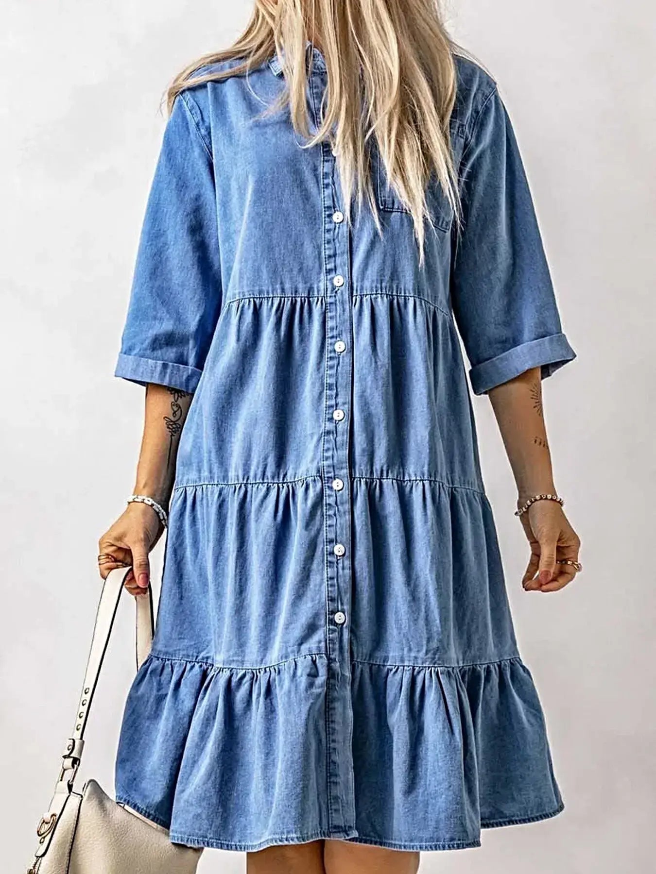 Full Size Ruffled Hem Button Up Denim Midi Dress Plus Size -