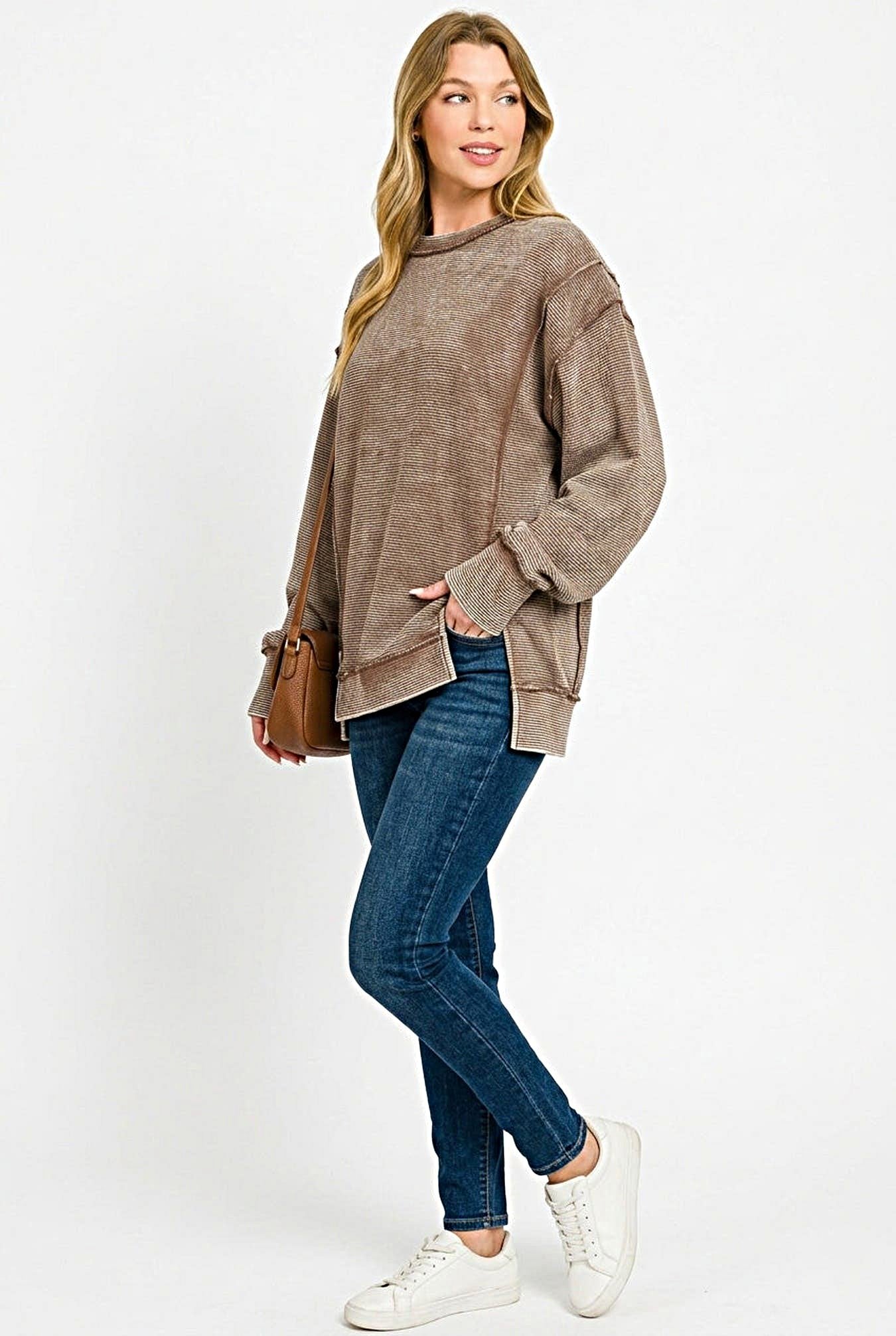 Zenana Acid Washed Double Ribbed Exposed-Seam Sweatshirt -