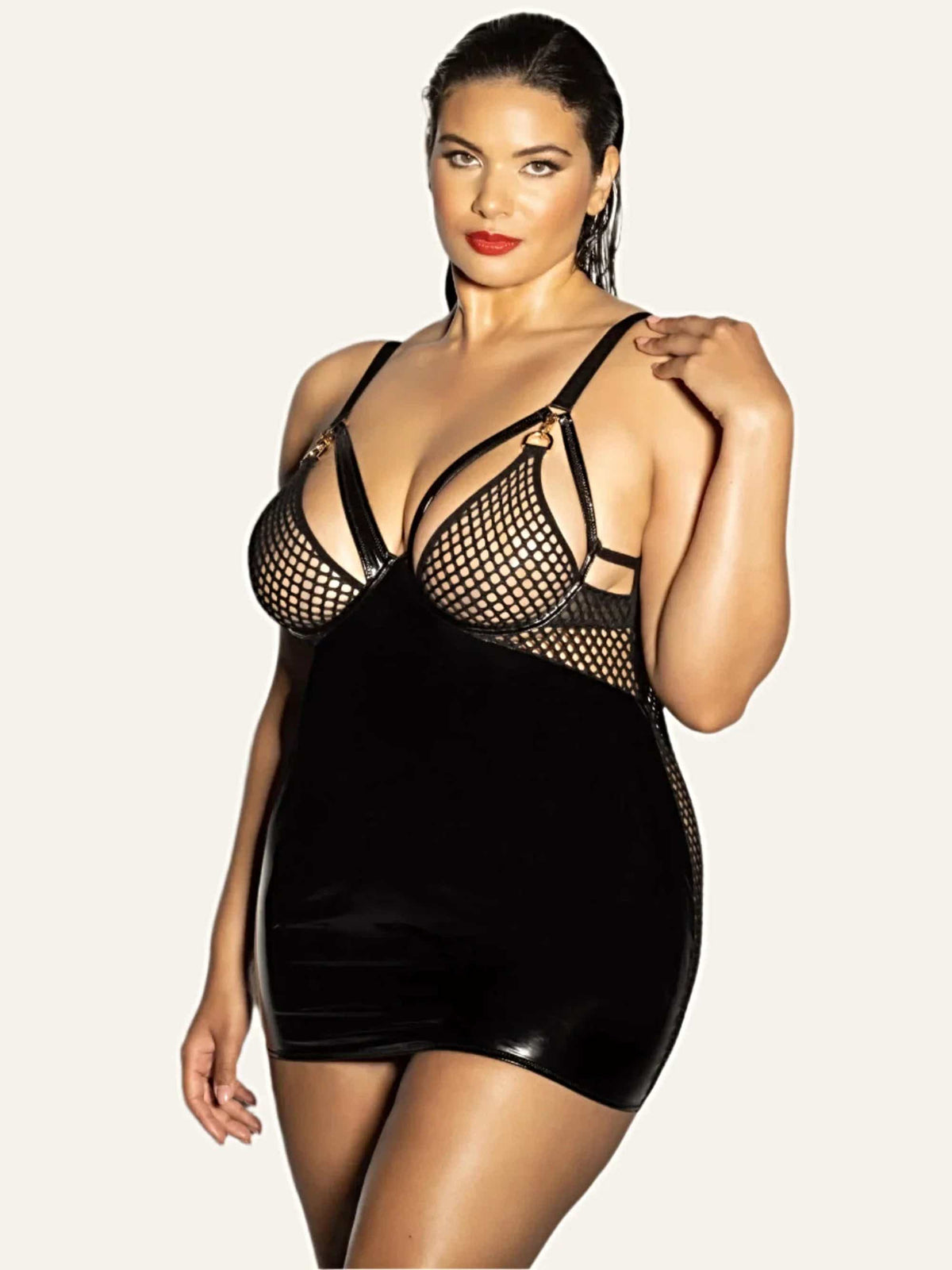 Fishnet Babydoll Dress with D-Ring and Adjustable Straps - Fetish Excitement by Oh La La Cheri - Babydoll