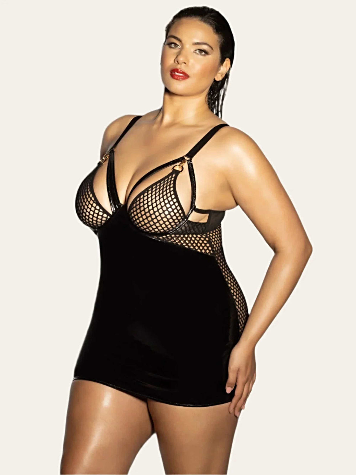 Fishnet Babydoll Dress with D-Ring and Adjustable Straps - Fetish Excitement by Oh La La Cheri - Babydoll