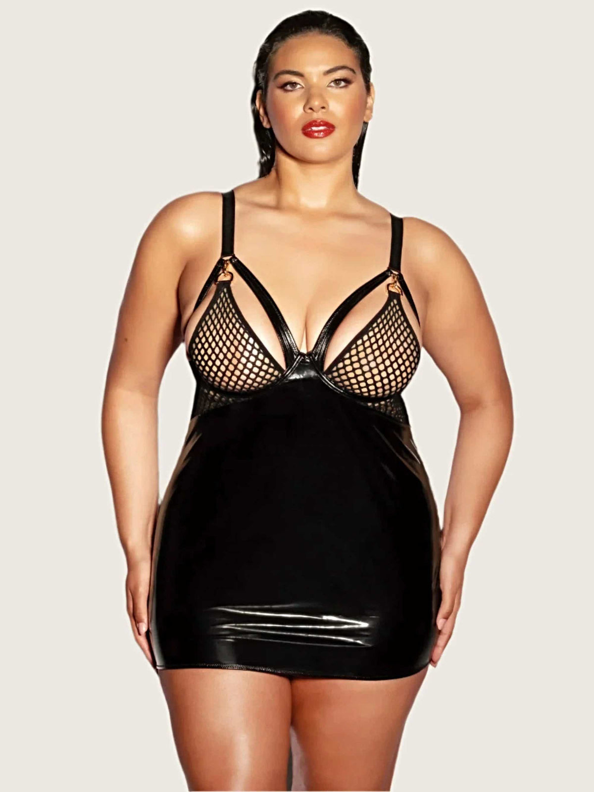 Fishnet Babydoll Dress with D-Ring and Adjustable Straps - Fetish Excitement by Oh La La Cheri - Babydoll