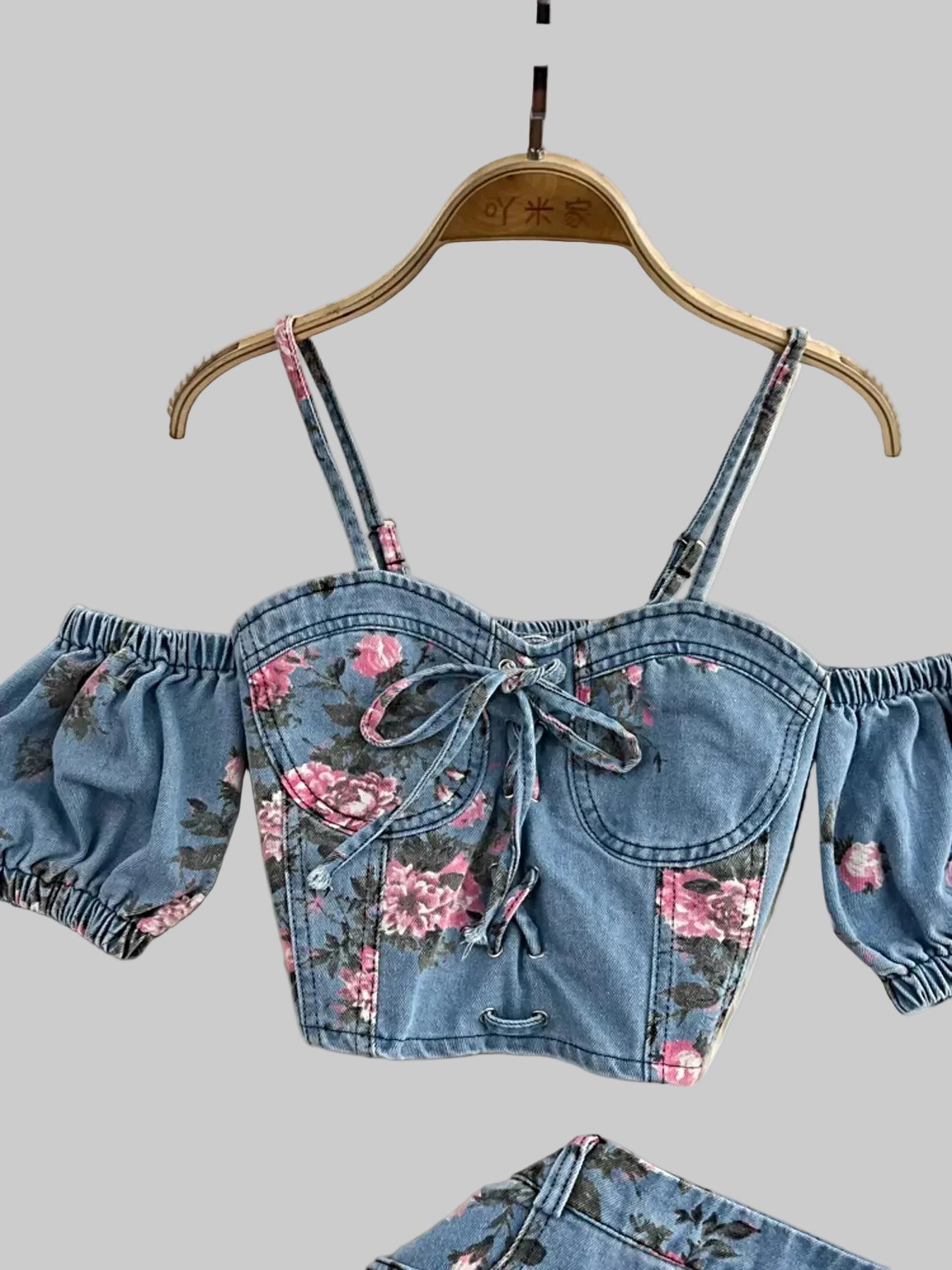 Floral Print Sweetheart Neck Cami and Skirt Denim Set -