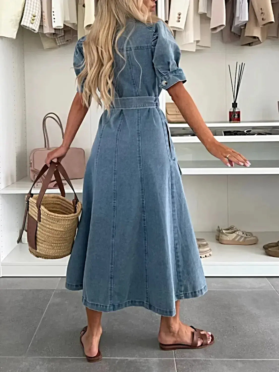 Puff Sleeve Button Down Belted Denim Midi Dress -
