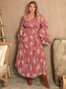 Plus Size Printed Half Button Flare Sleeve Dress