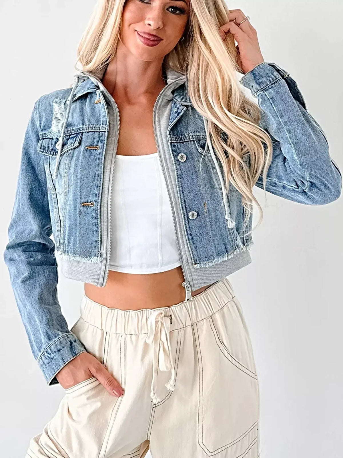Distressed Zip Up Cropped Hooded Denim Jacket -