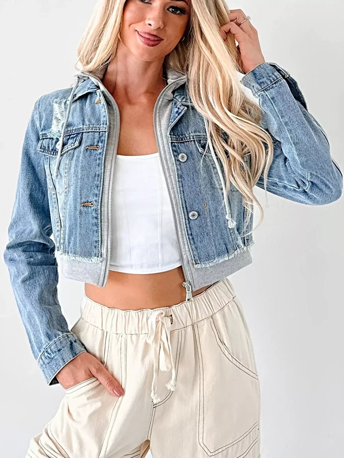 Distressed Zip Up Cropped Hooded Denim Jacket -