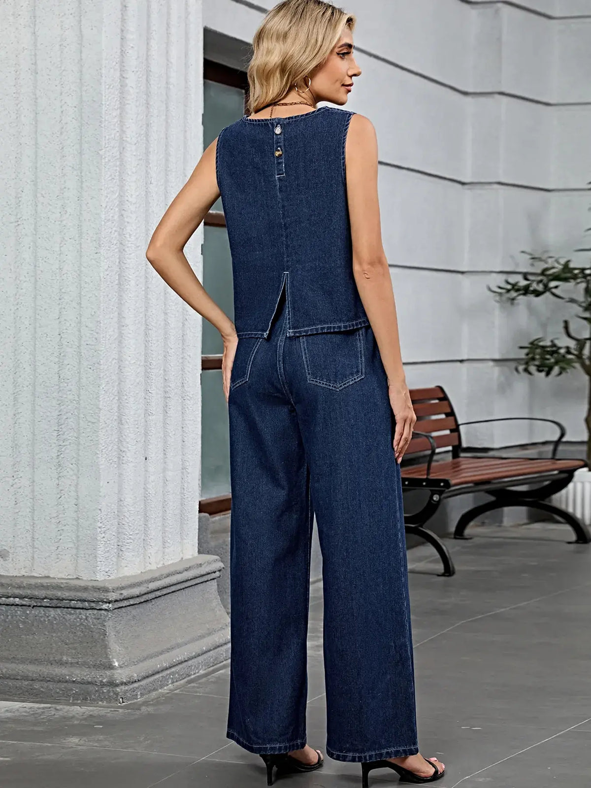 Round Neck Tank and Pants Denim Set -
