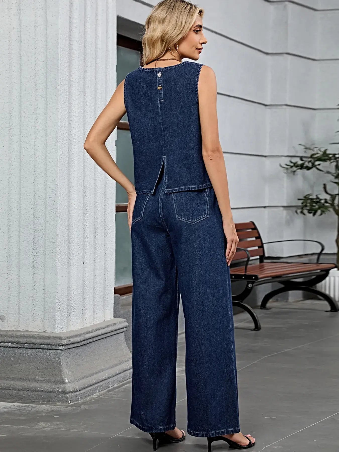 Round Neck Tank and Pants Denim Set -