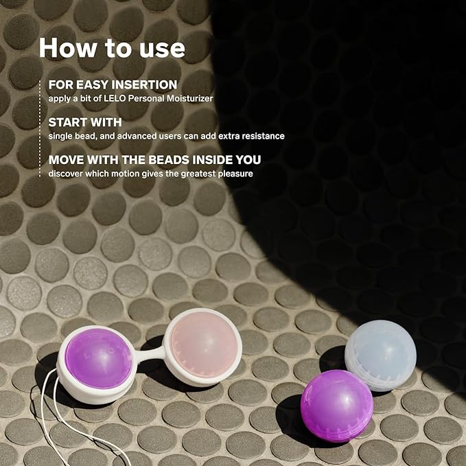 LELO EL-LL7994 Kegel Exercise Beads Plus illustrating a guide on usage for optimal comfort and pleasure during kegel exercises.