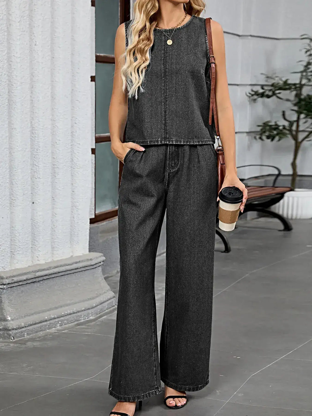 Round Neck Tank and Pants Denim Set -