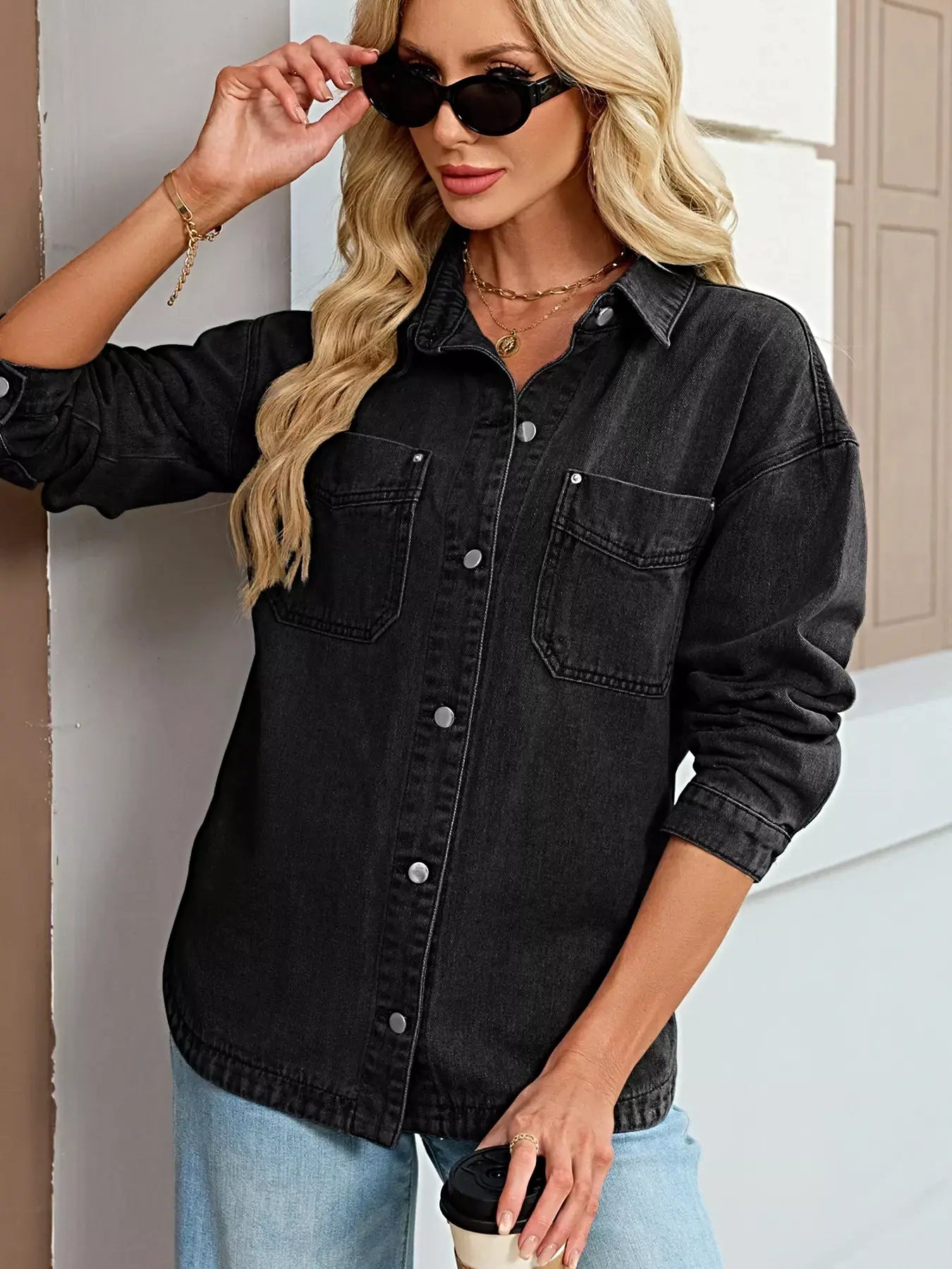 Button Up Dropped Shoulder Denim Jacket -