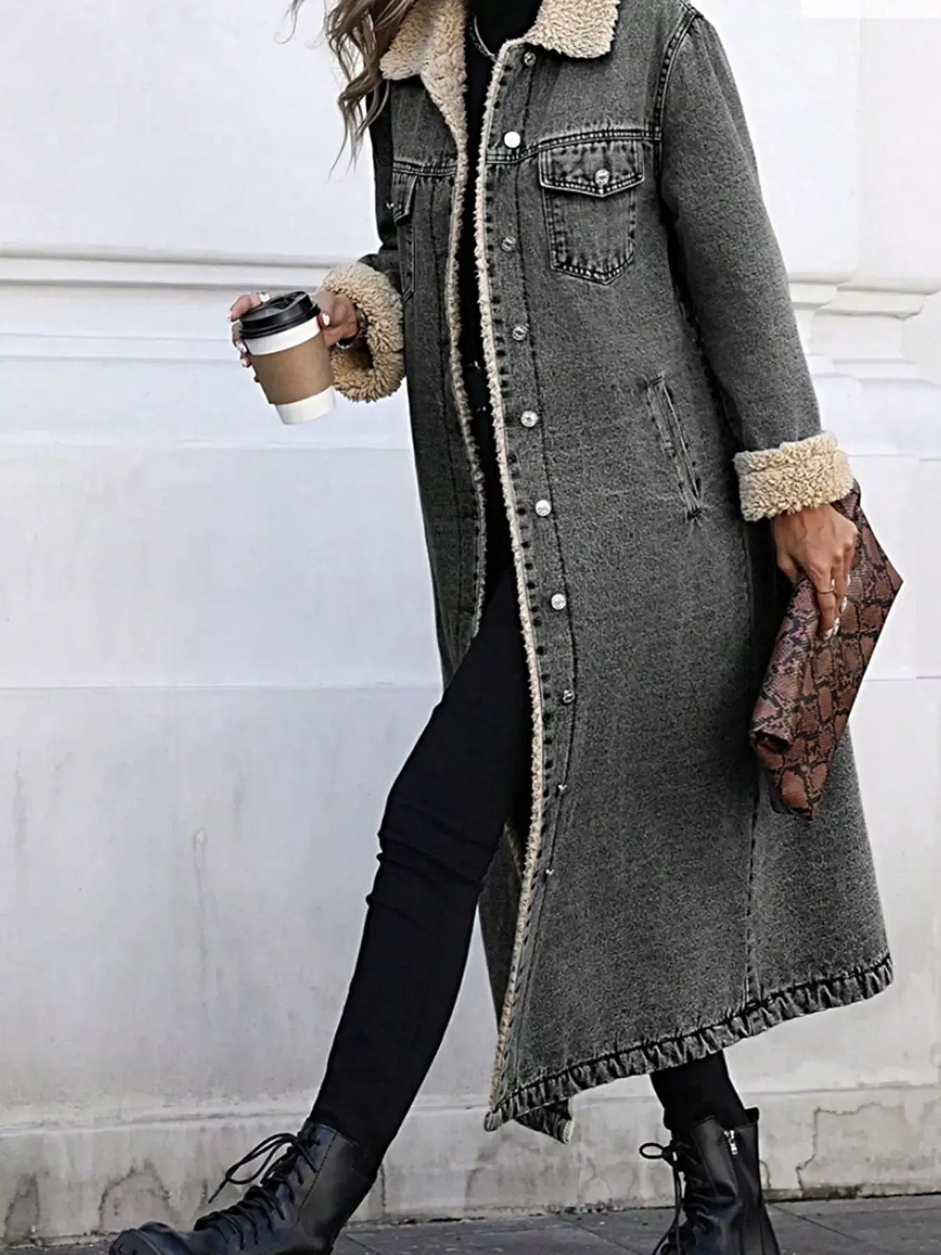 Sherpa Lined Longline Denim Jacket -