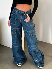 Zipper Pocket Wide Leg Cargo Jeans -