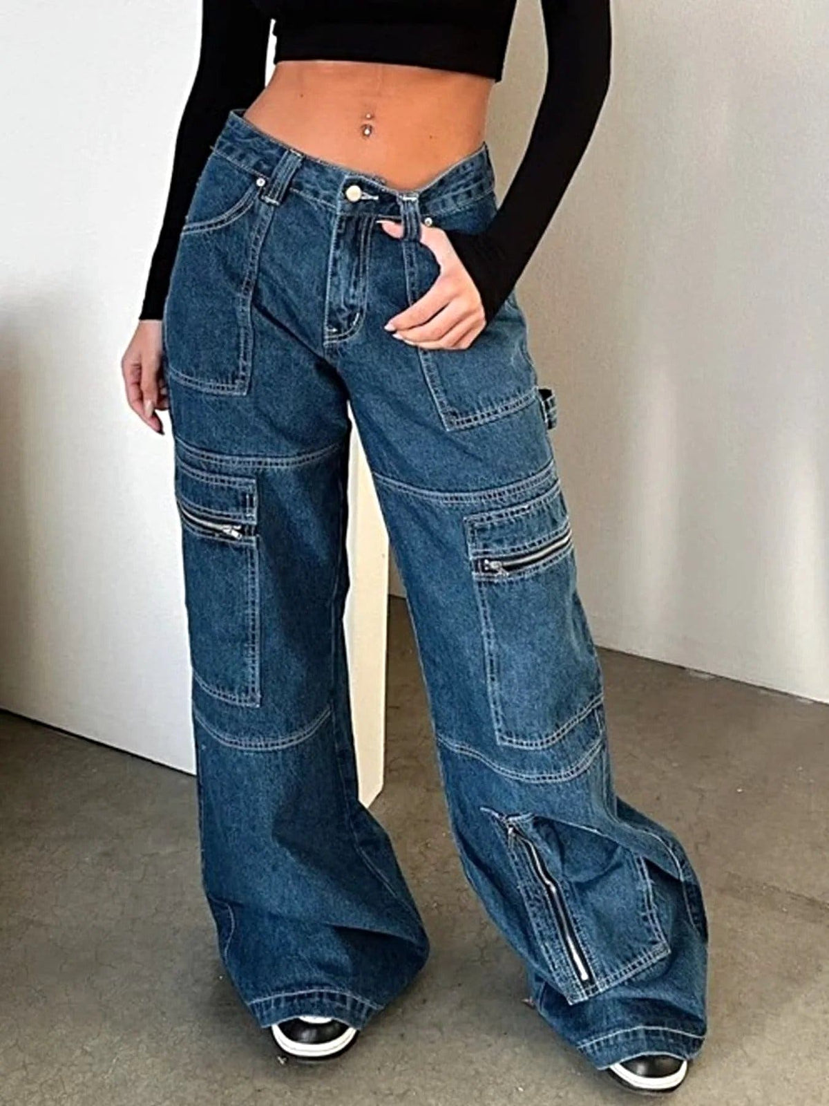 Zipper Pocket Wide Leg Cargo Jeans -