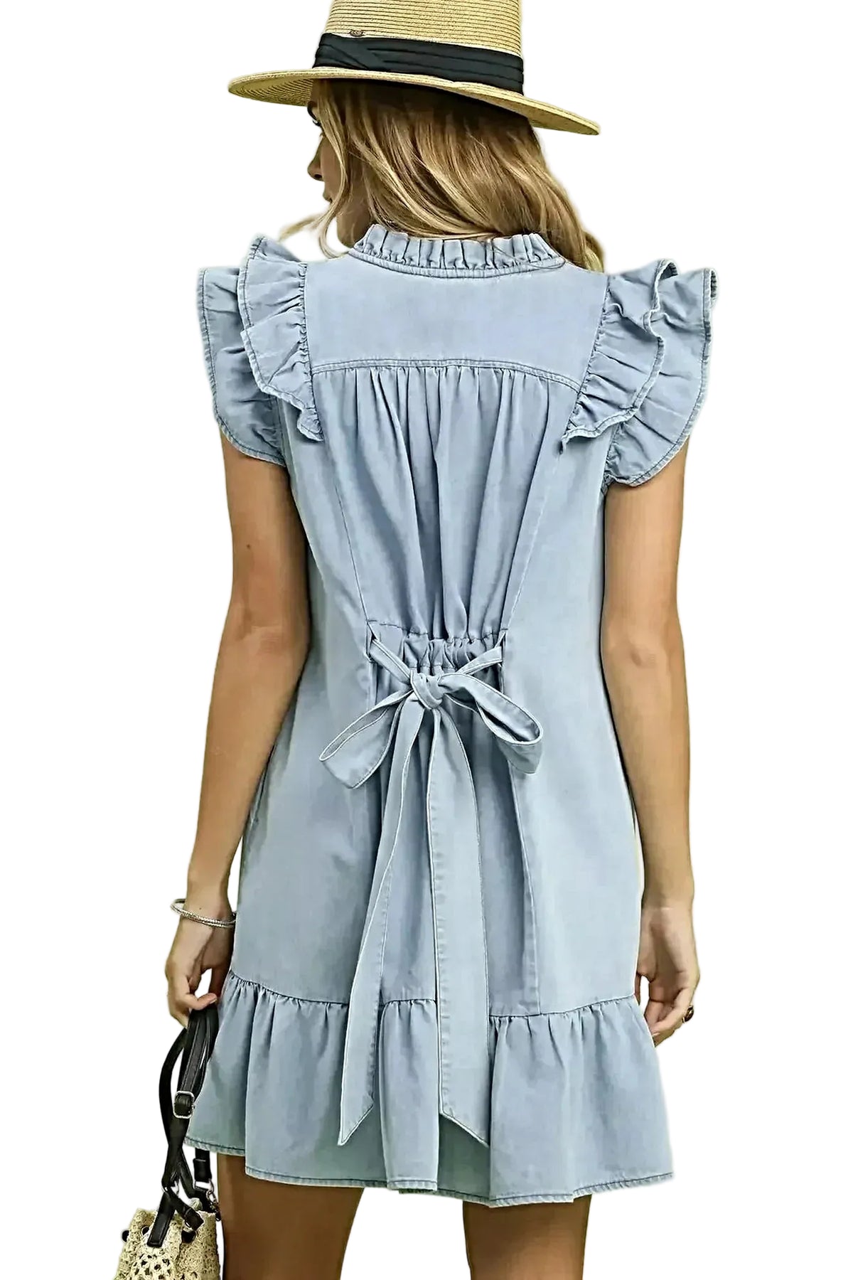 Umgee Chambray Ruffled Denim Dress with Side Pockets -