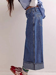 Luxury Wide Leg Cropped Jeans with Pocketed Design, 85% Cotton Blend, Machine Washable -