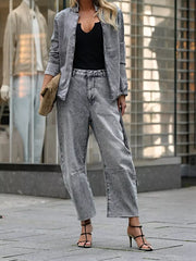 Long Sleeve Top and Wide Leg Jeans Denim Set -