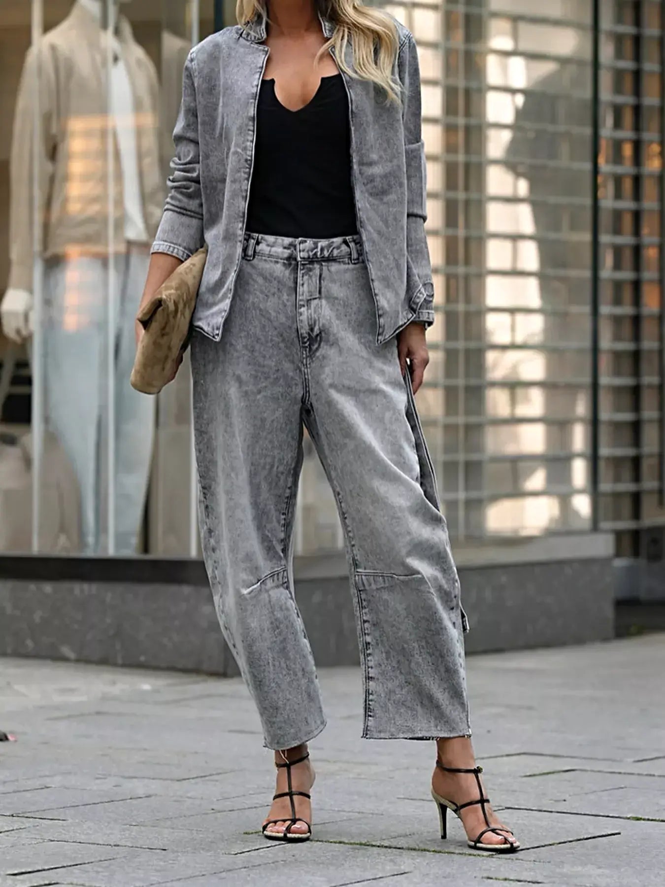 Long Sleeve Top and Wide Leg Jeans Denim Set -