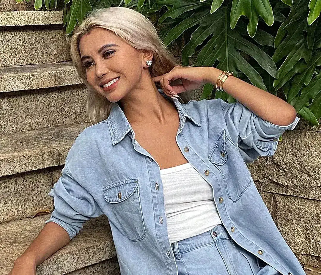 Button Up Long Sleeve Shirt and Shorts Denim Set -