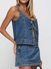 Tie-Front Tank and Skirt Denim Set -