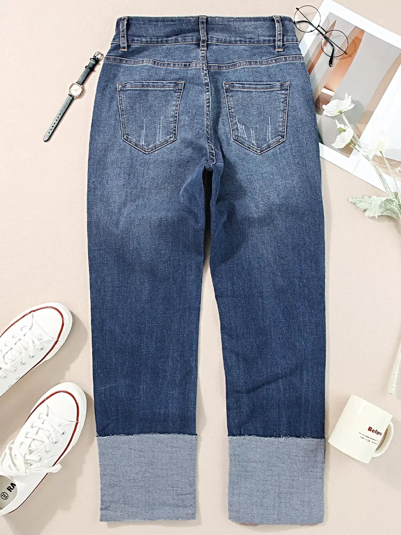 High Waist Distressed Straight Leg Jeans -