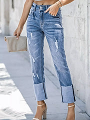 High Waist Distressed Straight Leg Jeans -