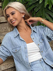 Button Up Long Sleeve Shirt and Shorts Denim Set -