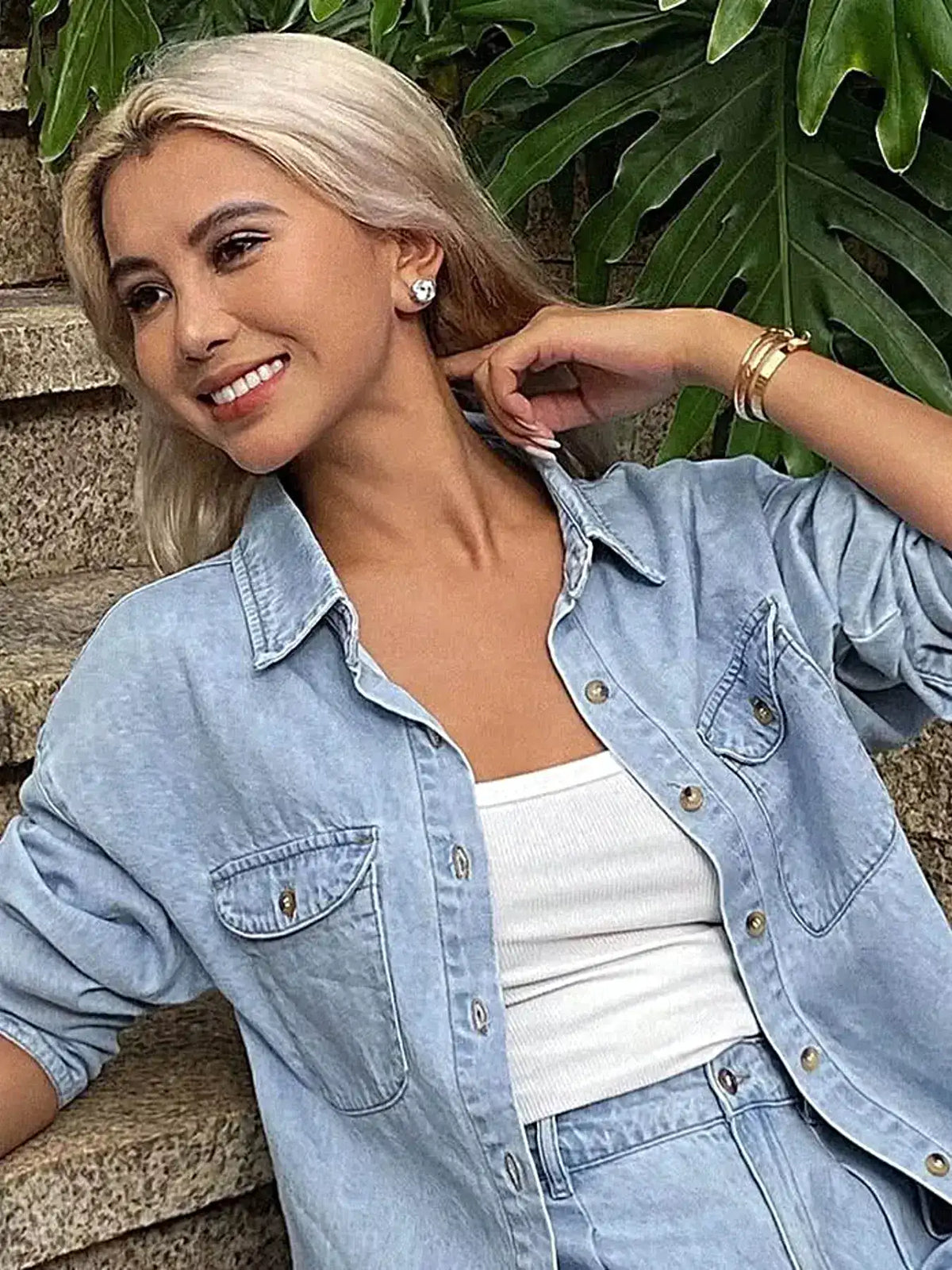 Button Up Long Sleeve Shirt and Shorts Denim Set -
