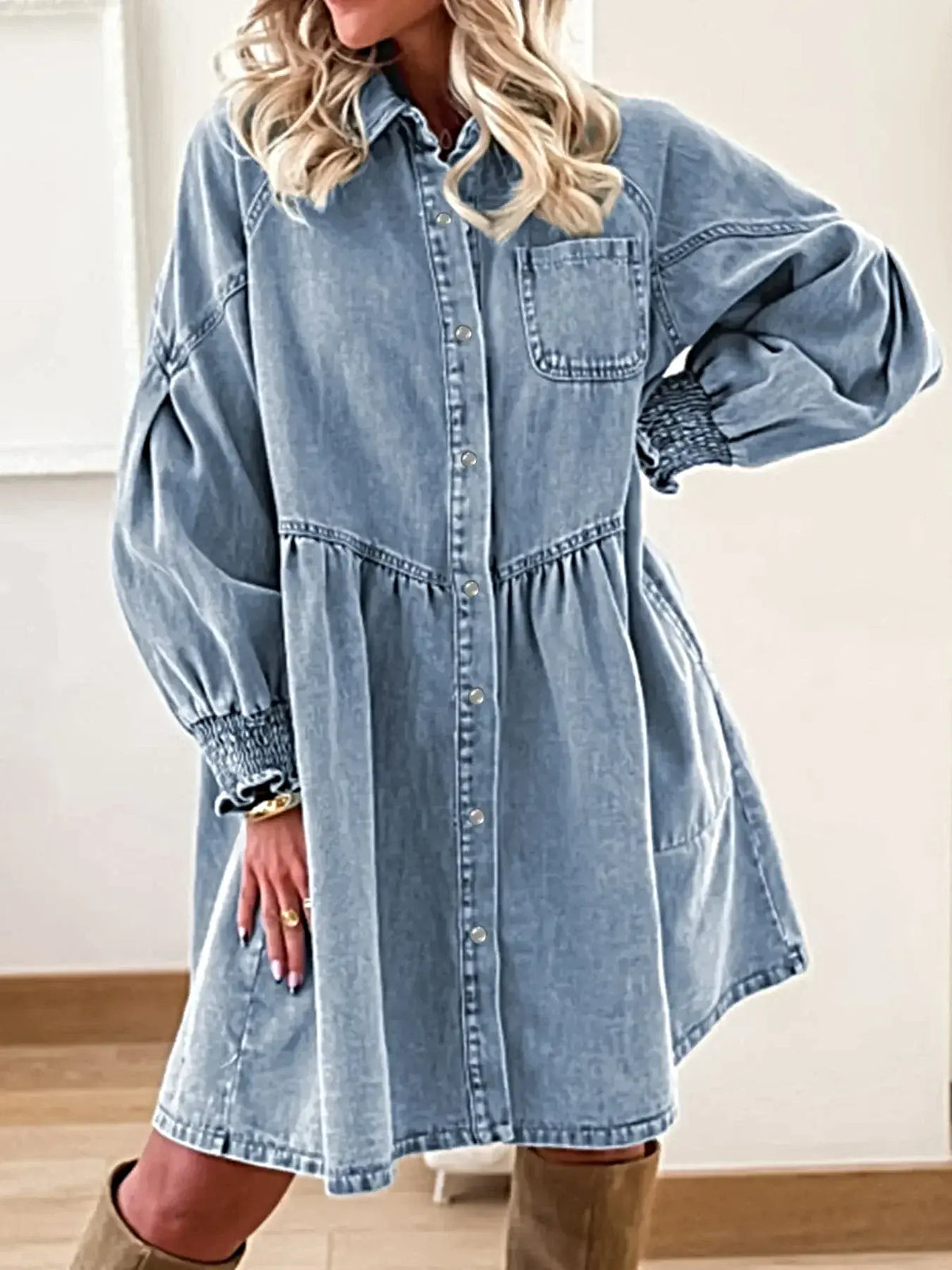 Button-Up Denim Shirt Dress with Smocked Cuffs -