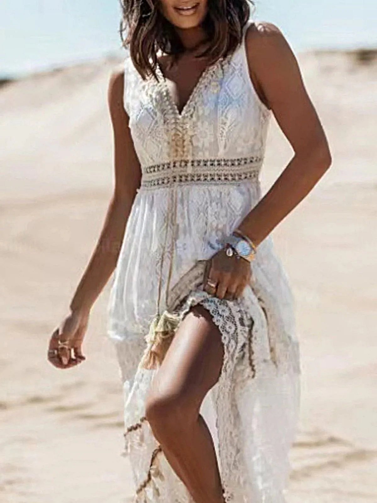 Lace V-Neck Sleeveless Maxi Dress -
