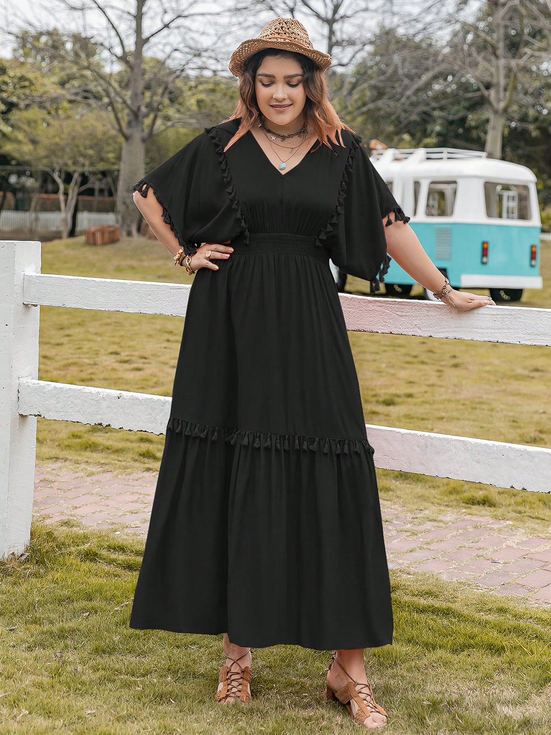 Plus Size Tassel Trim V-Neck Short Sleeve Ruffle Hem Dress