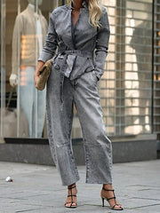 Long Sleeve Top and Wide Leg Jeans Denim Set -