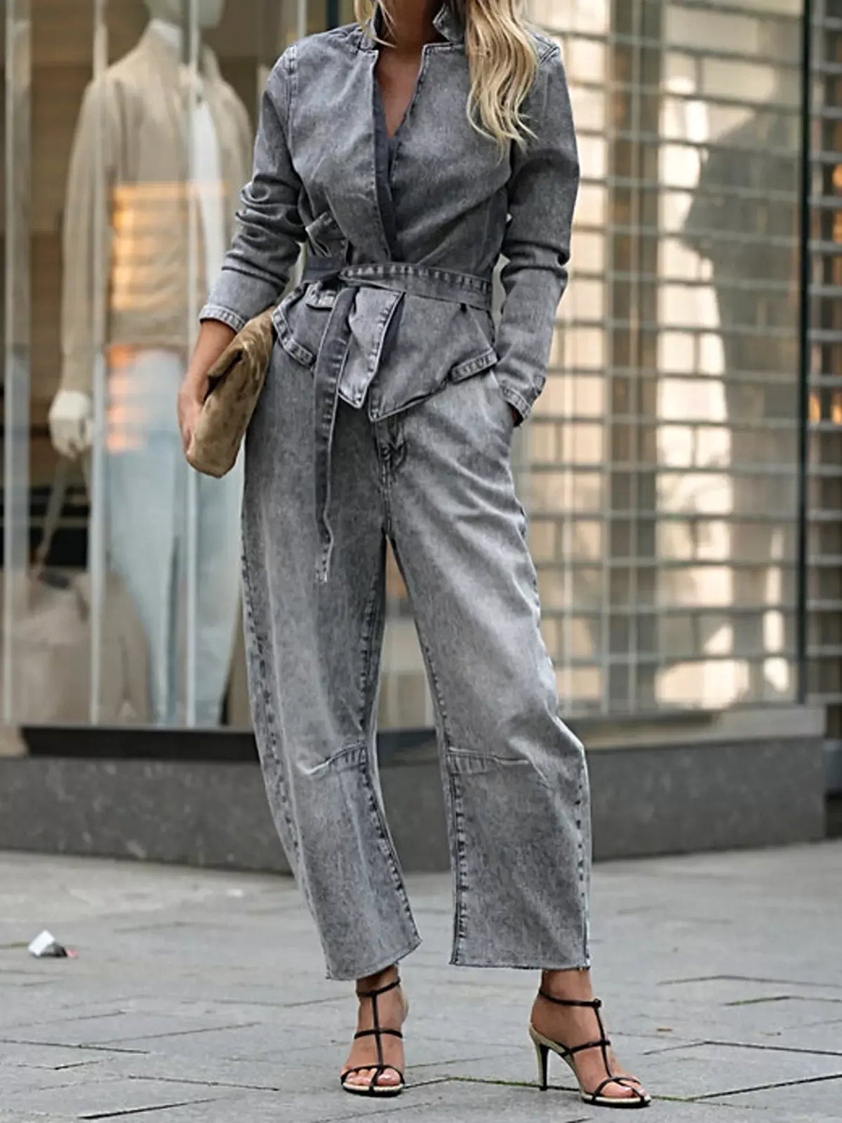 Long Sleeve Top and Wide Leg Jeans Denim Set -