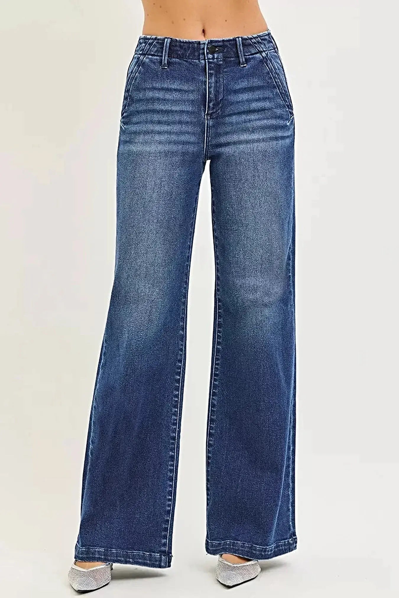RISEN High Rise Wide Leg Slanted Pocket Jeans -