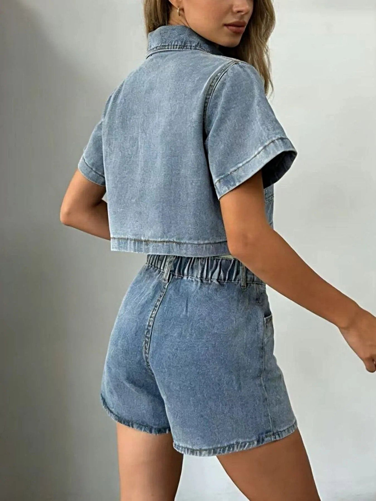 Short Sleeve Cropped Top and Skort Denim Set -