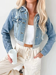 Distressed Zip Up Cropped Hooded Denim Jacket -