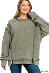 Zenana Acid Washed Double Ribbed Exposed-Seam Sweatshirt -