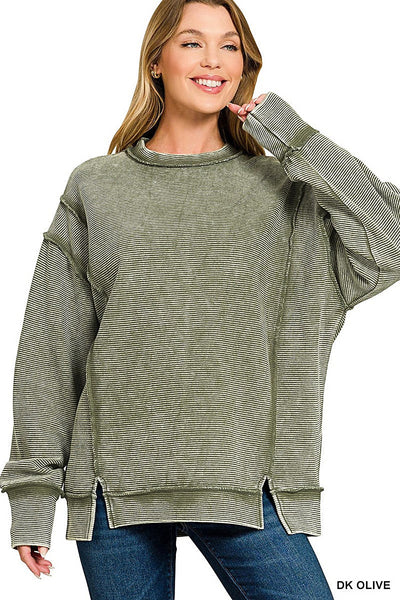 Zenana Acid Washed Double Ribbed Exposed-Seam Sweatshirt -