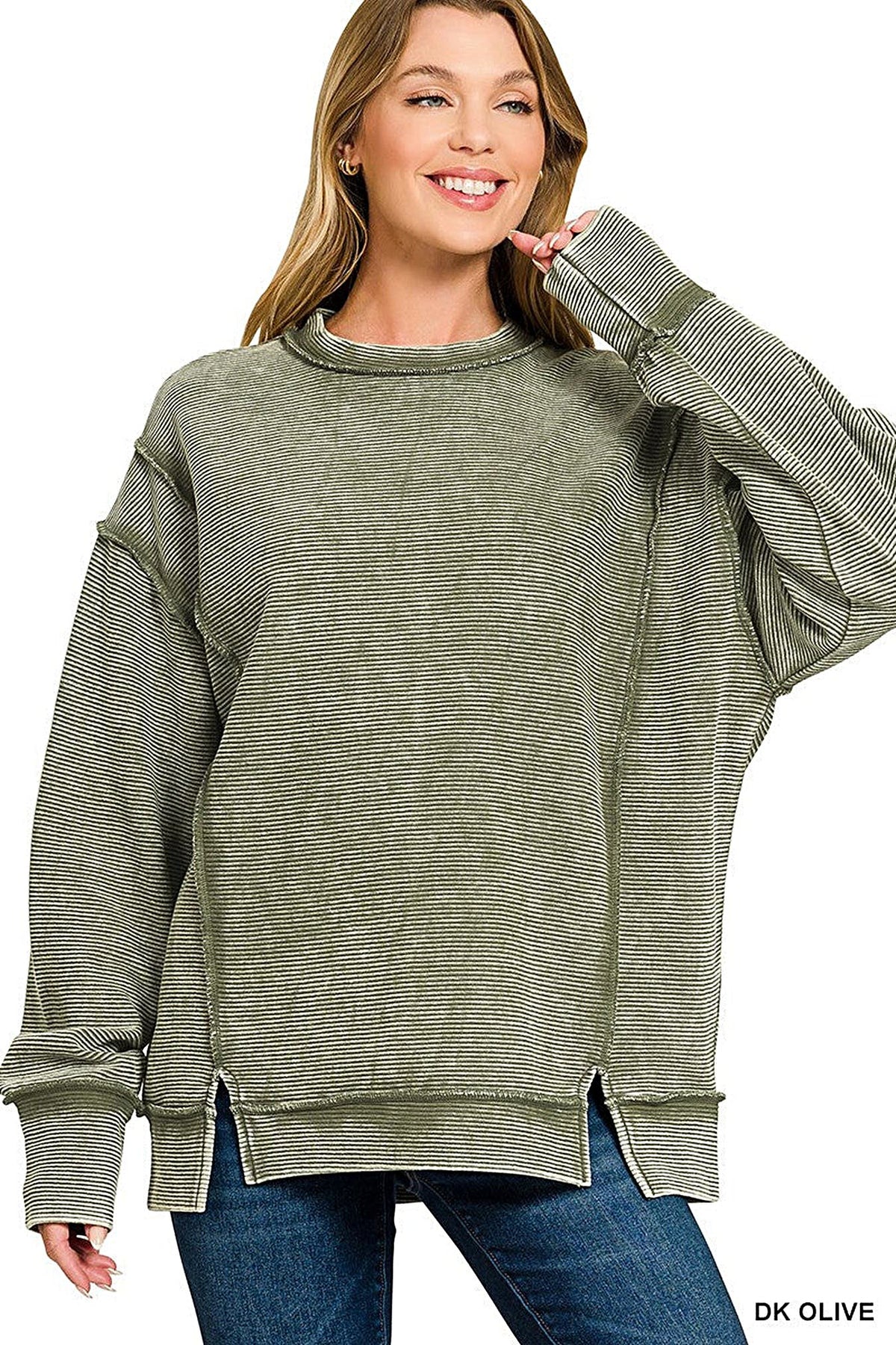 Zenana Acid Washed Double Ribbed Exposed-Seam Sweatshirt -