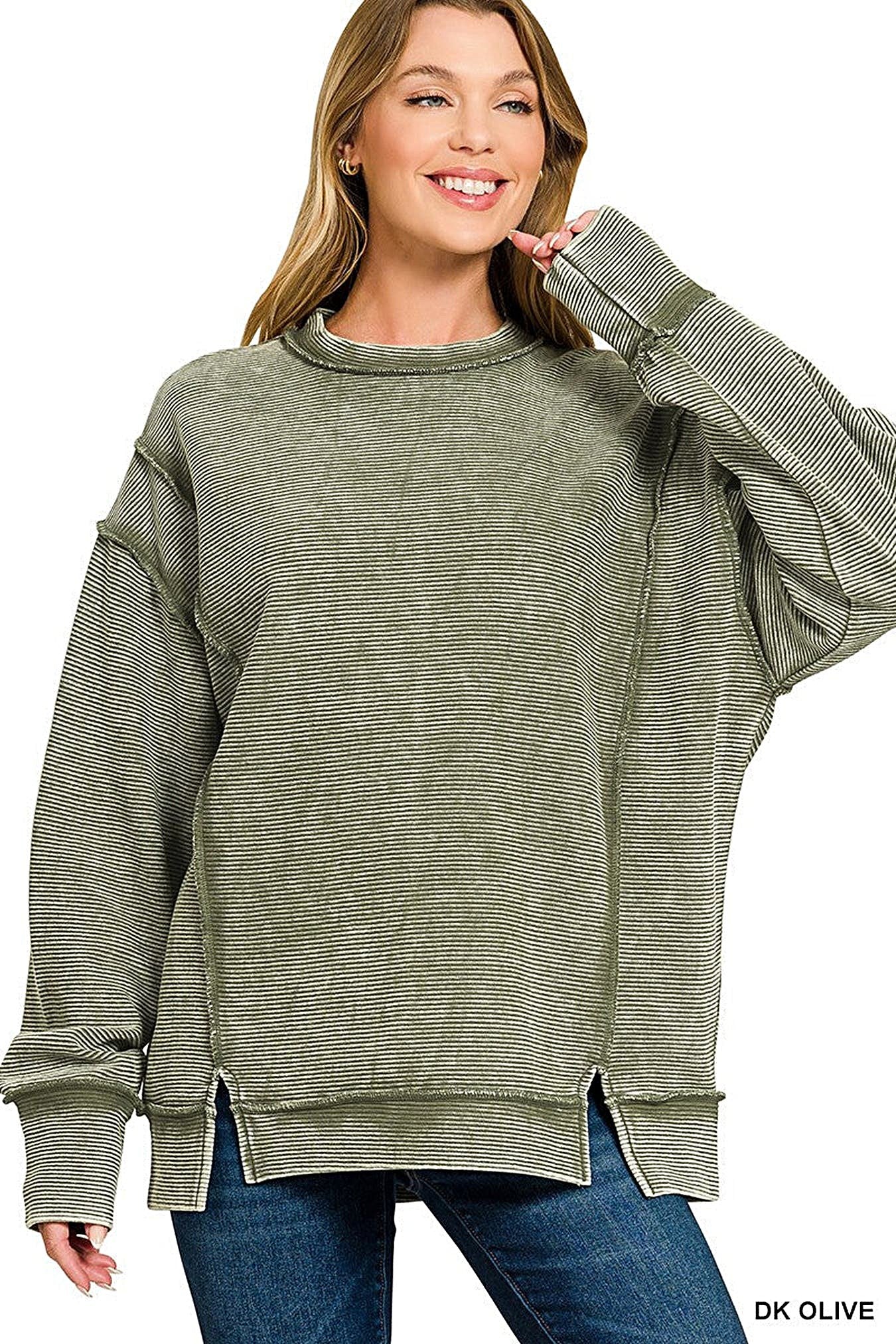 Zenana Acid Washed Double Ribbed Exposed-Seam Sweatshirt -