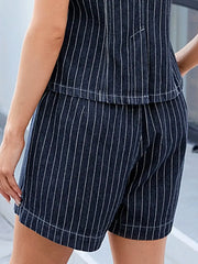 Round Neck Striped Top and Shorts Denim Set -