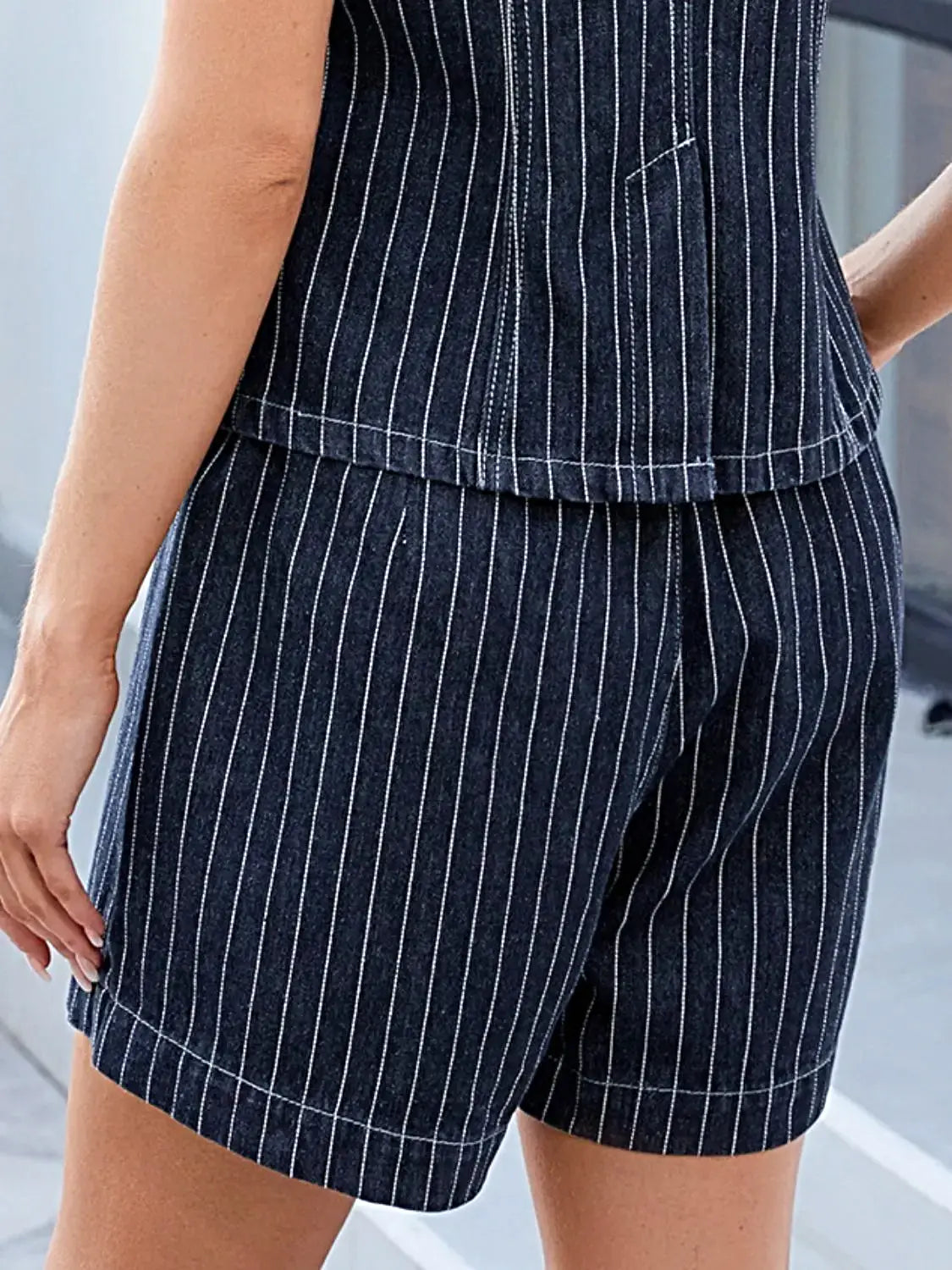 Round Neck Striped Top and Shorts Denim Set -