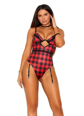Elegant Moments 77127, Buffalo plaid print mono wire teddiette with lace trim - Teddy