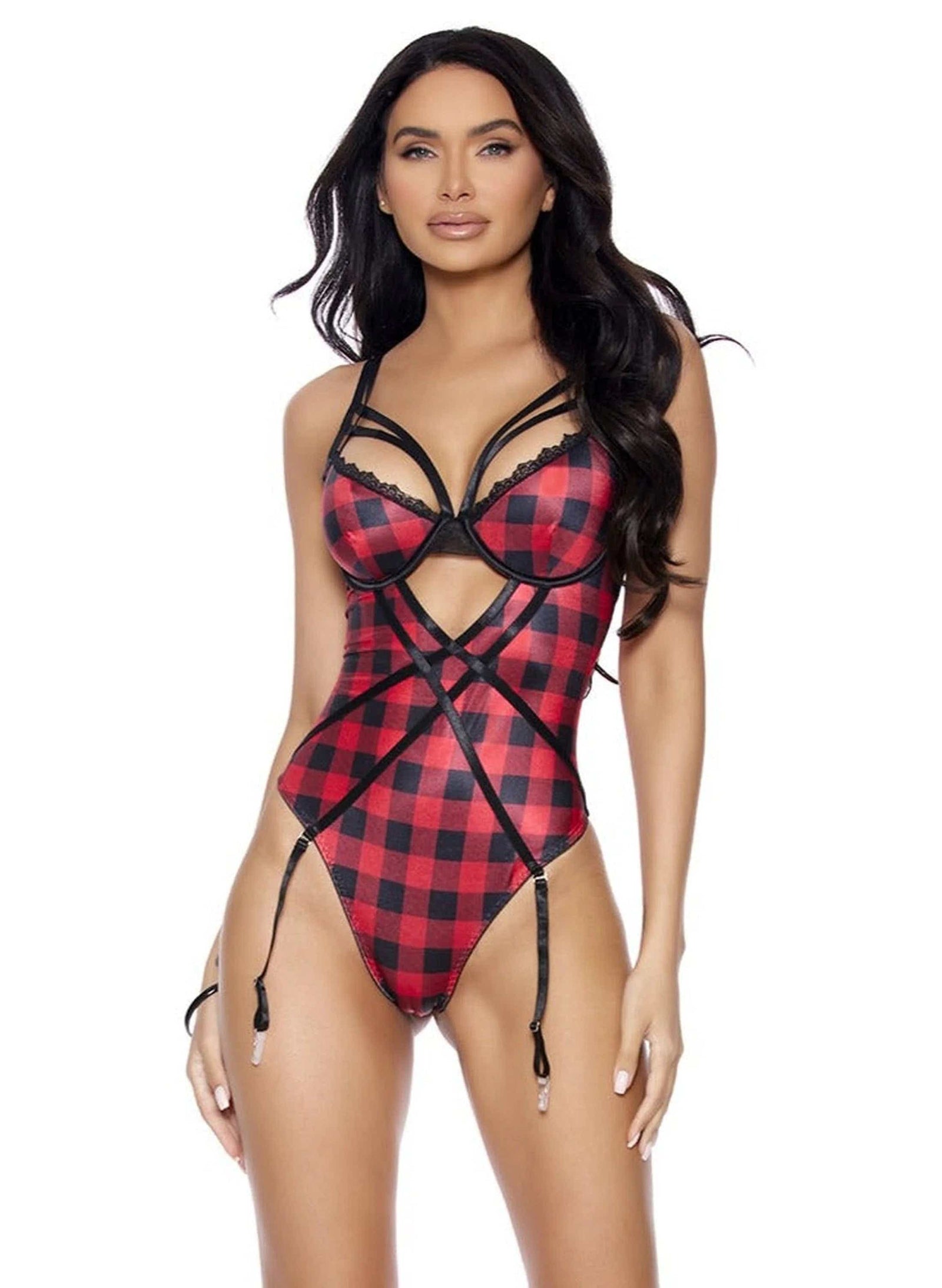 Elegant Moments  EM-77173, Buffalo plaid print teddiette with strappy front Also Plus Sizes - Teddy