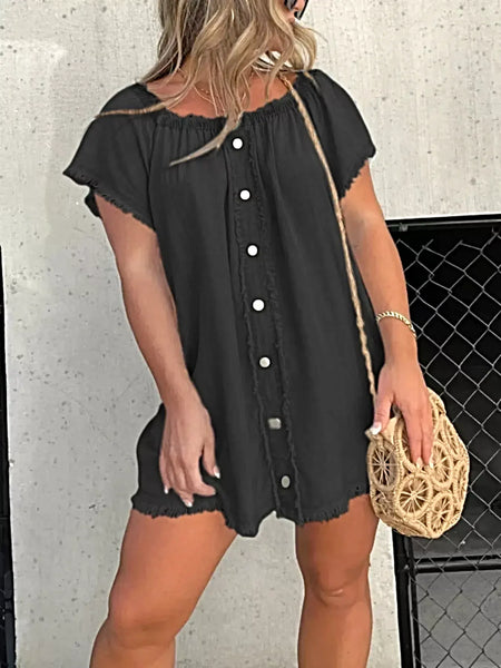 Full Size Off-Shoulder Button-Down Frayed Denim Dress Plus Size -