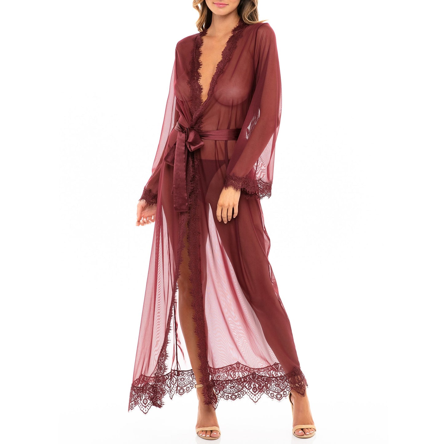 Provence Sexy, Sheer Eyelash Lace Floor Length Robe in color Zinfandel-Long Robe-SatinBoutique-Zinfandel-S/M-SatinBoutique