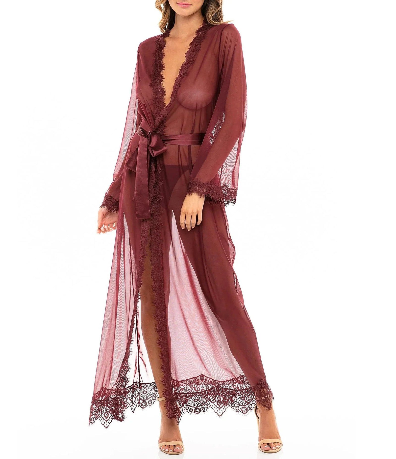 Provence Sexy, Sheer Eyelash Lace Floor Length Robe in color Zinfandel - Long Robe