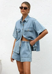Collared Neck Button Up Top and Shorts Denim Set -